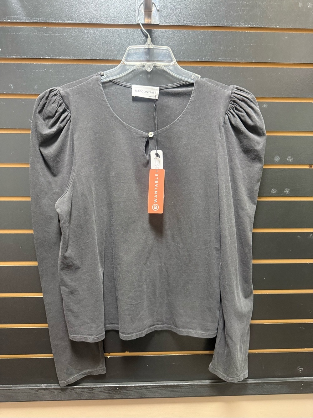 Self Contrast Charcoal Gray Puff Sleeve Top NWT L